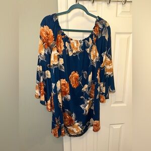 Emerald 3X Blue Floral Off-Shoulder Women's Top with BEAUTIFUL SLEEVES!